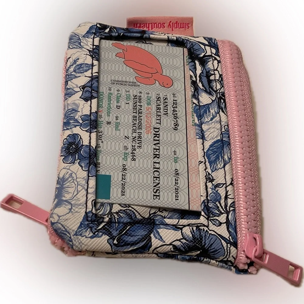 Simply Southern Blue Floral ID Holder with Duo Pink Zippers & outside pocket.